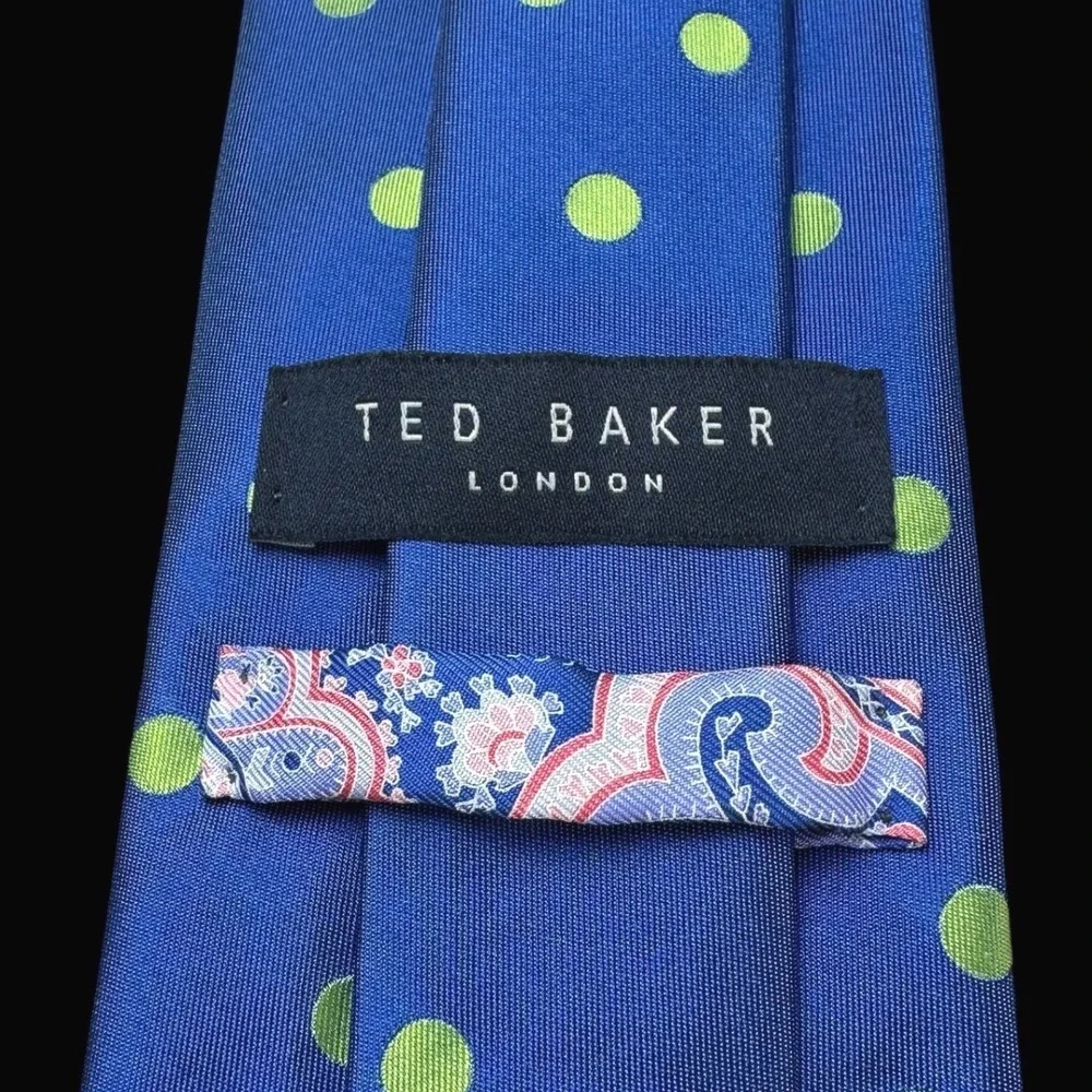 Ted Baker London Mens Silk Tie Blue Lime Green Polka Dot Paisley Lining USA Made